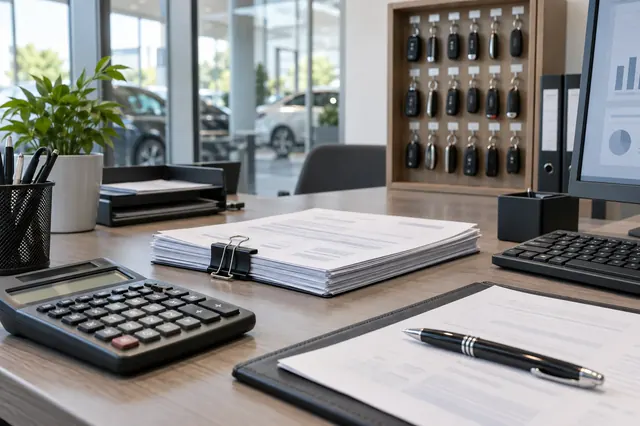An organized automotive office desk with invoices, calculator and vehicle keys