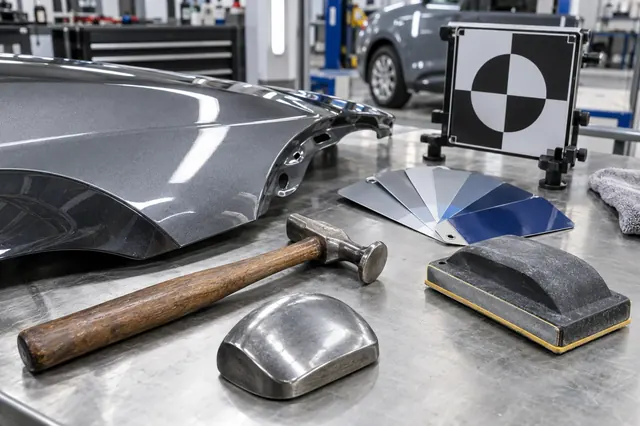 Collision repair tools, paint samples and a refinished body panel