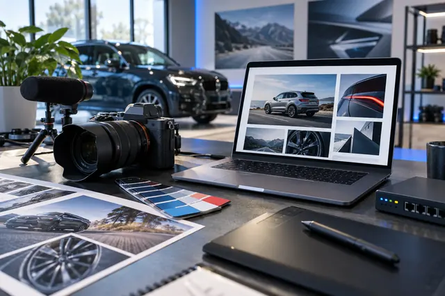Camera, laptop and creative tools in an automotive marketing workspace