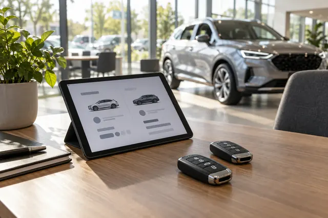 Vehicle comparison tools and keys on a dealership consultation table