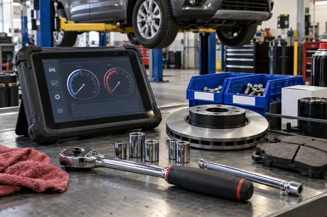 Diagnostic equipment, tools and brake parts in a modern service bay