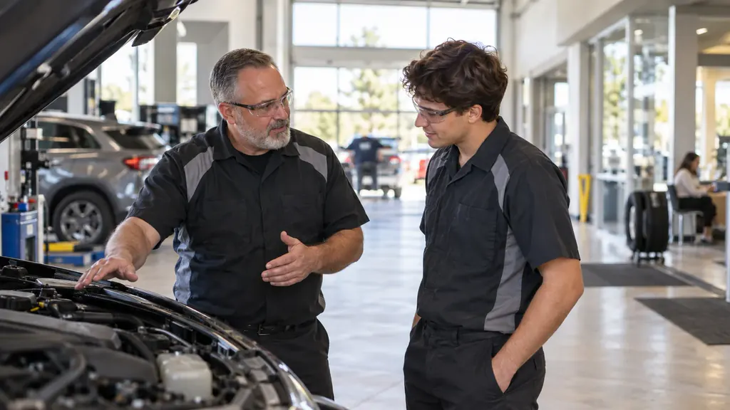 An experienced automotive professional mentoring a newer teammate