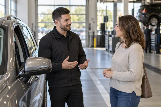 A dealership professional welcoming and helping a customer