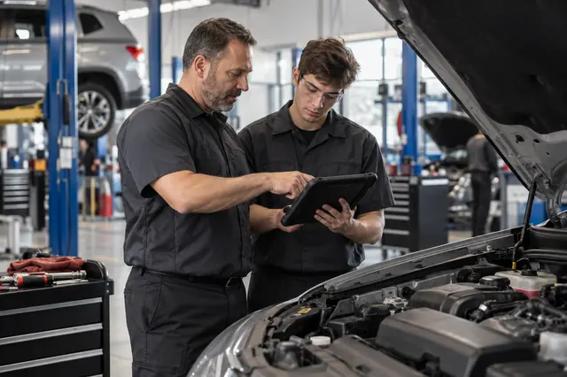An experienced automotive technician mentoring a newer team member