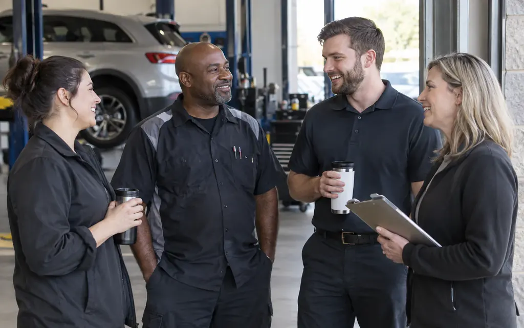 Automotive coworkers supporting one another in a bright dealership