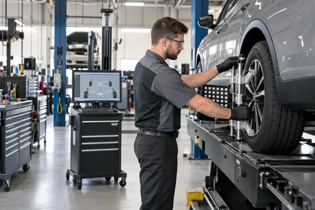 An automotive technician working with modern diagnostic equipment